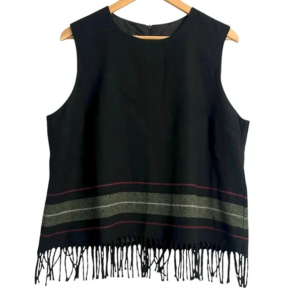 Vintage 90s Wool Blend Black Sleeveless Top w/ Fringe Hem Women’s Size 14 - Picture 3 of 9